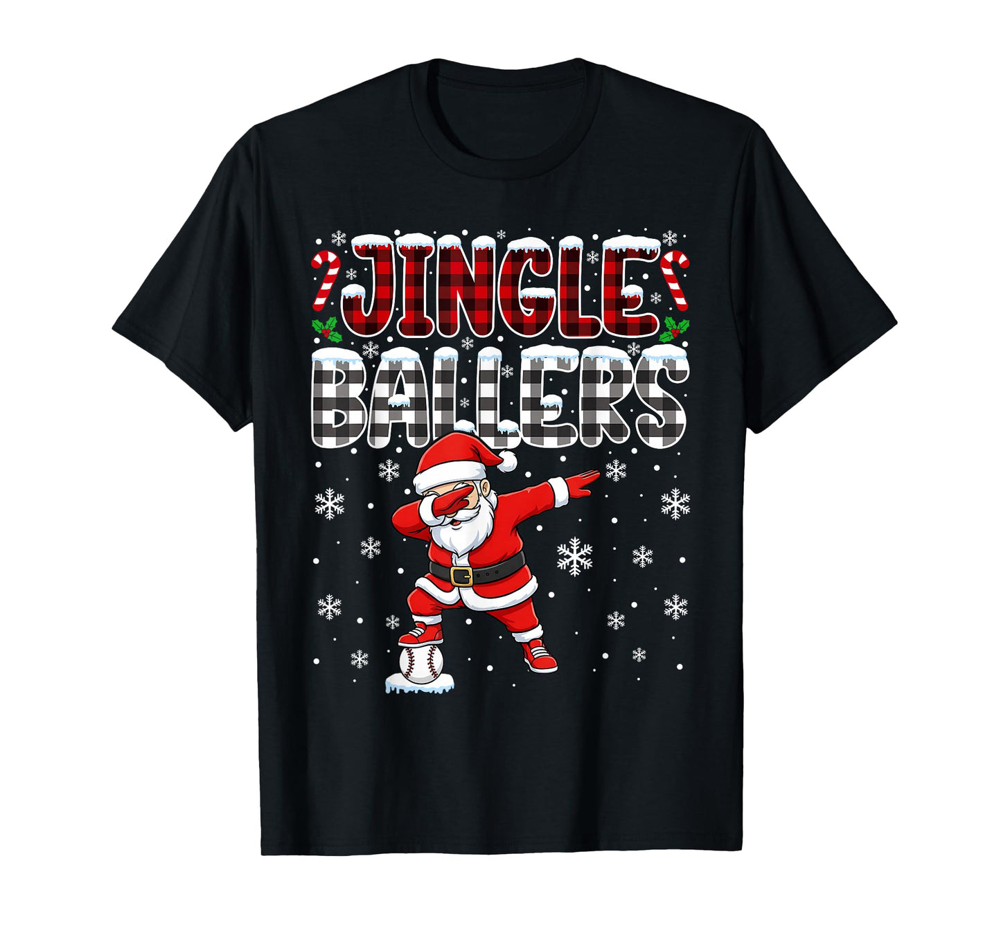 Jingle Ballers Plaid Santa Dabbing Baseball Christmas T-Shirt
