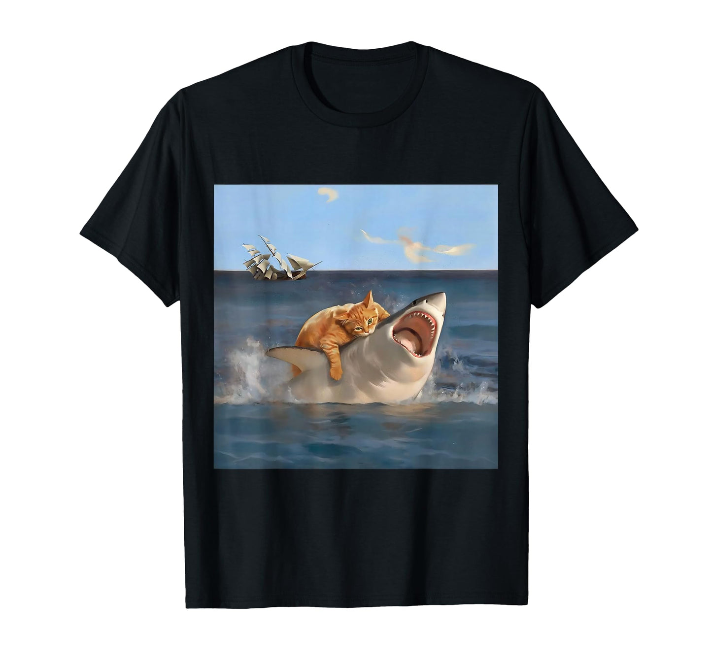 Orange Cat Biting Shark Humorous Funny Art Meme Cat Lover T-Shirt