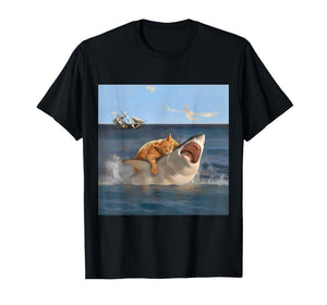 Orange Cat Biting Shark Humorous Funny Art Meme Cat Lover T-Shirt