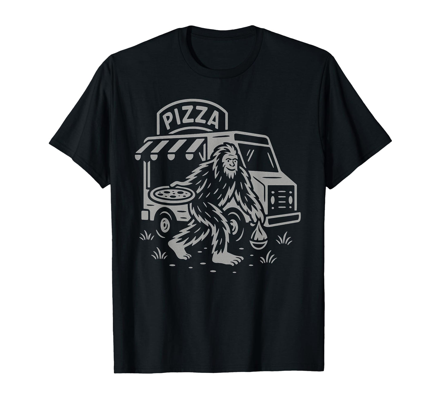 Funny Bigfoot Cryptid Eats Pizza Beside Food Truck at Night T-Shirt