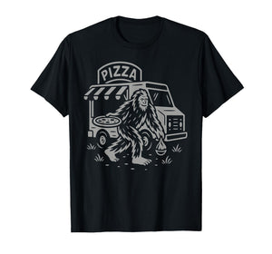Funny Bigfoot Cryptid Eats Pizza Beside Food Truck at Night T-Shirt