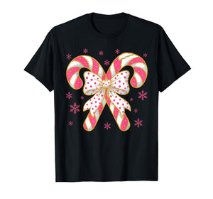 Coquette Bow Candy Cane Christmas Season Girls Womens Retro T-Shirt