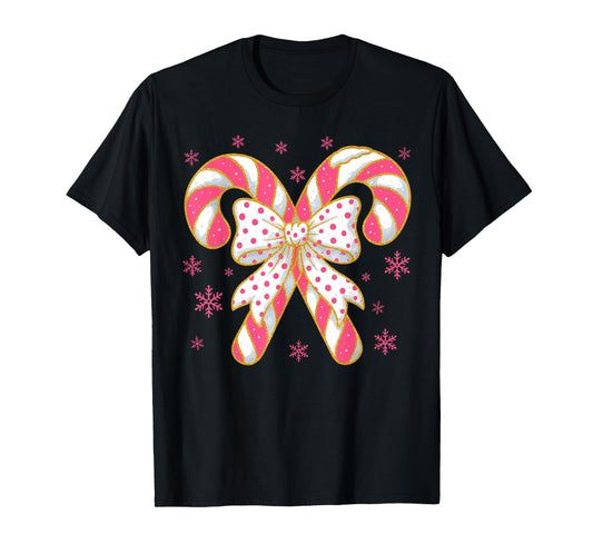 Coquette Bow Candy Cane Christmas Season Girls Womens Retro T-Shirt