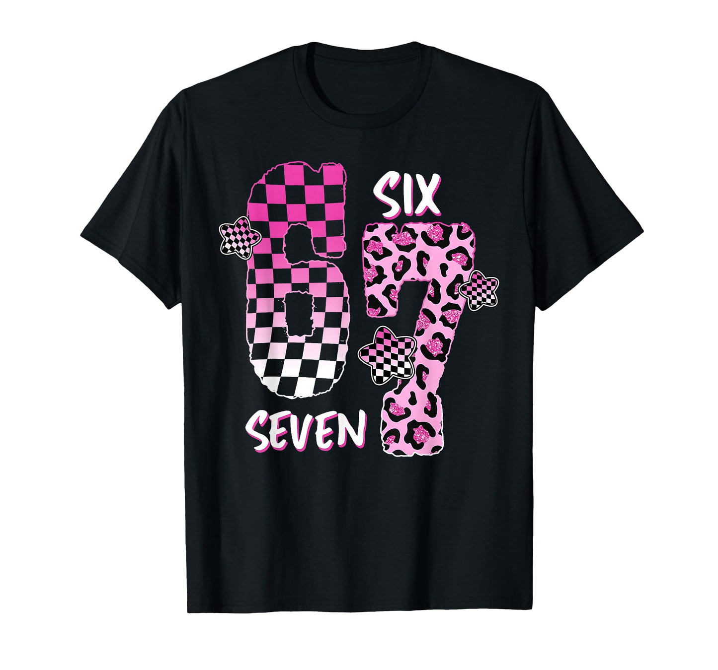 Pink Checker Leopard 6 7 Funny Six Seven Meme Girl Women T-Shirt