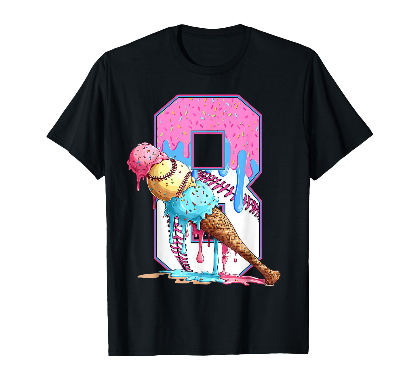 Funny Baseball 8 Year Old Ice Cream Drip 8th Birthday Boy T-Shirt