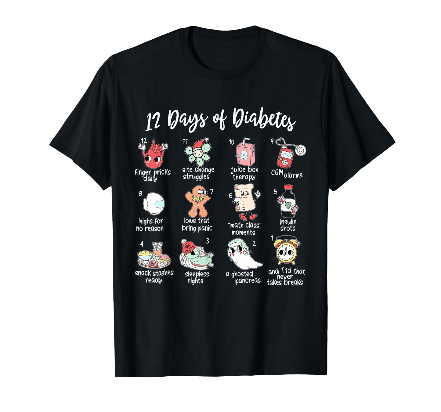 12 Days of Diabetes Christmas T1D Diabetic Type 1 Awareness T-Shirt
