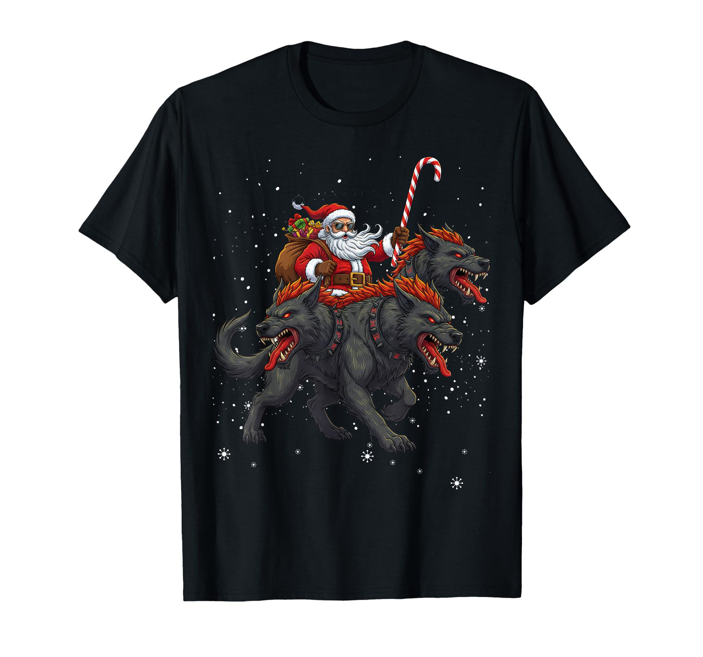 Santa Claus Riding Cerberus Mythical Christmas Monster T-Shirt
