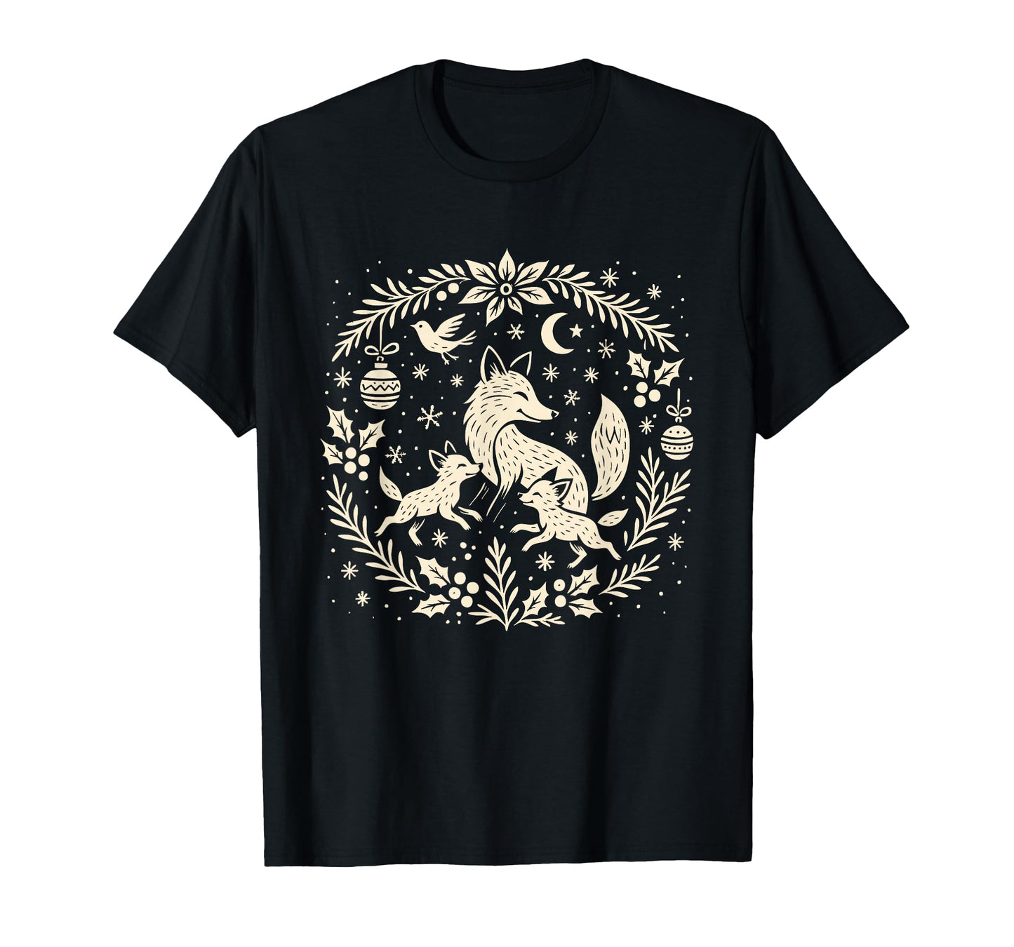 Winter Fox and Cubs Scandinavian Folk Art Woodland Xmas T-Shirt