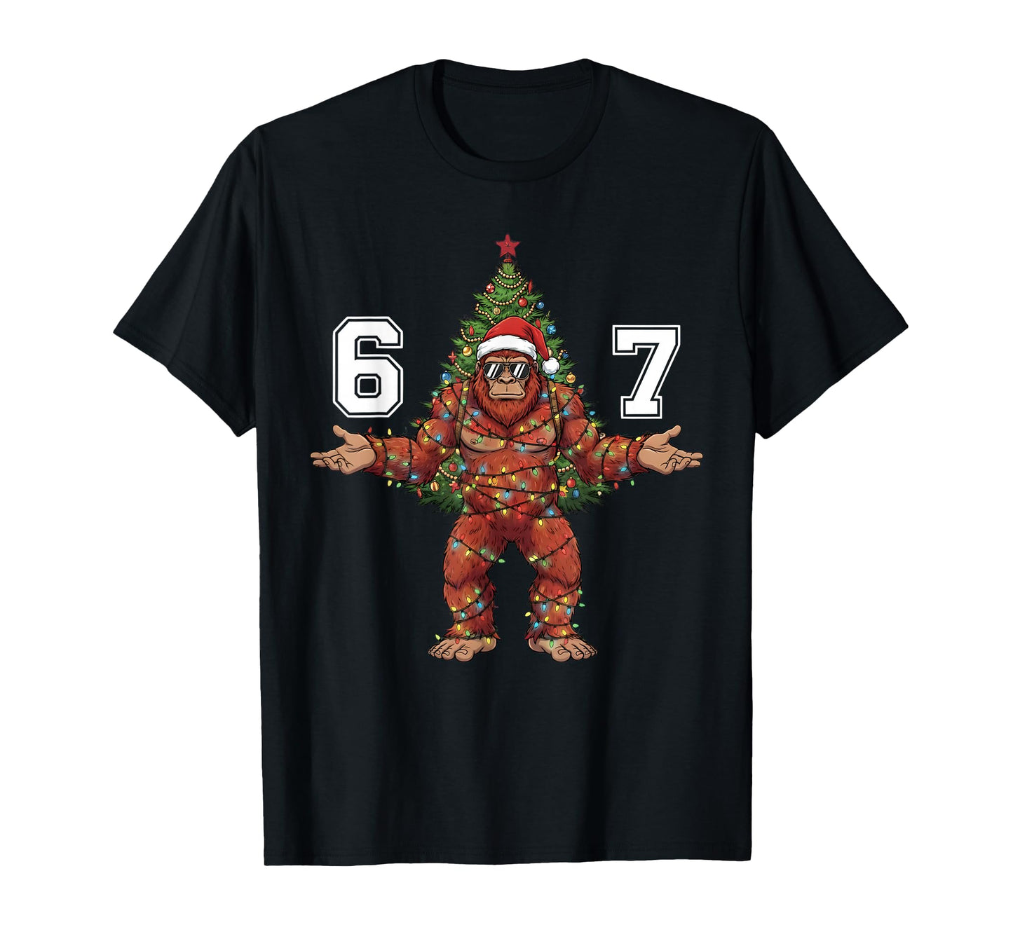 Santa Bigfoot 67 Christmas Tree Xmas Lights Funny Sasquatch T-Shirt