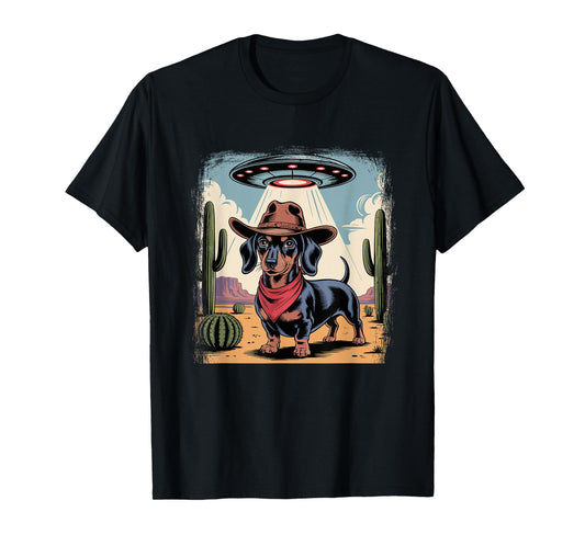 Alien Cowboy Dachshund Funny Wiener Dog UFO T-Shirt