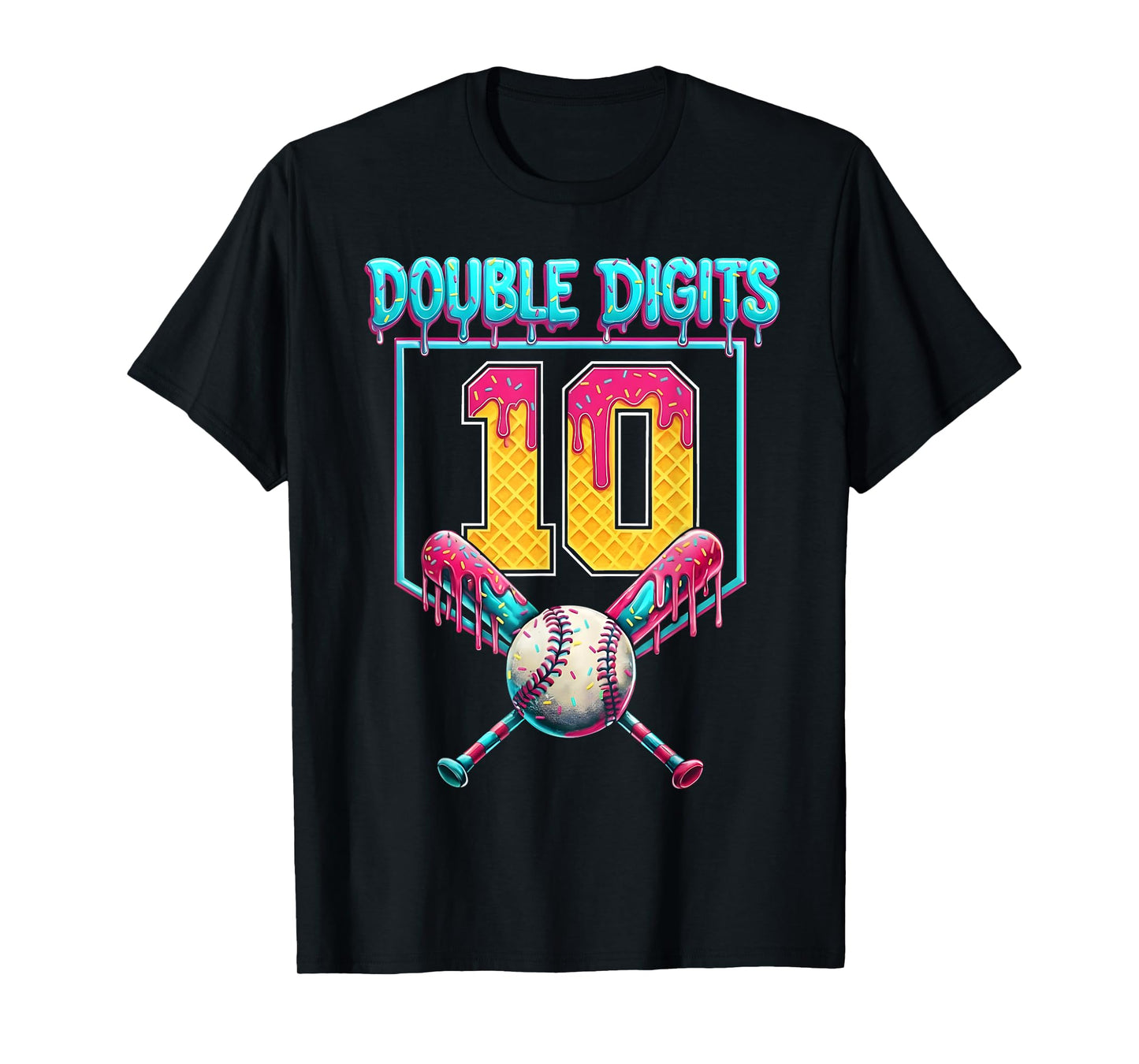 Baseball 10th Birthday Ice Cream Drip for Boys Girls Kids T-Shirt
