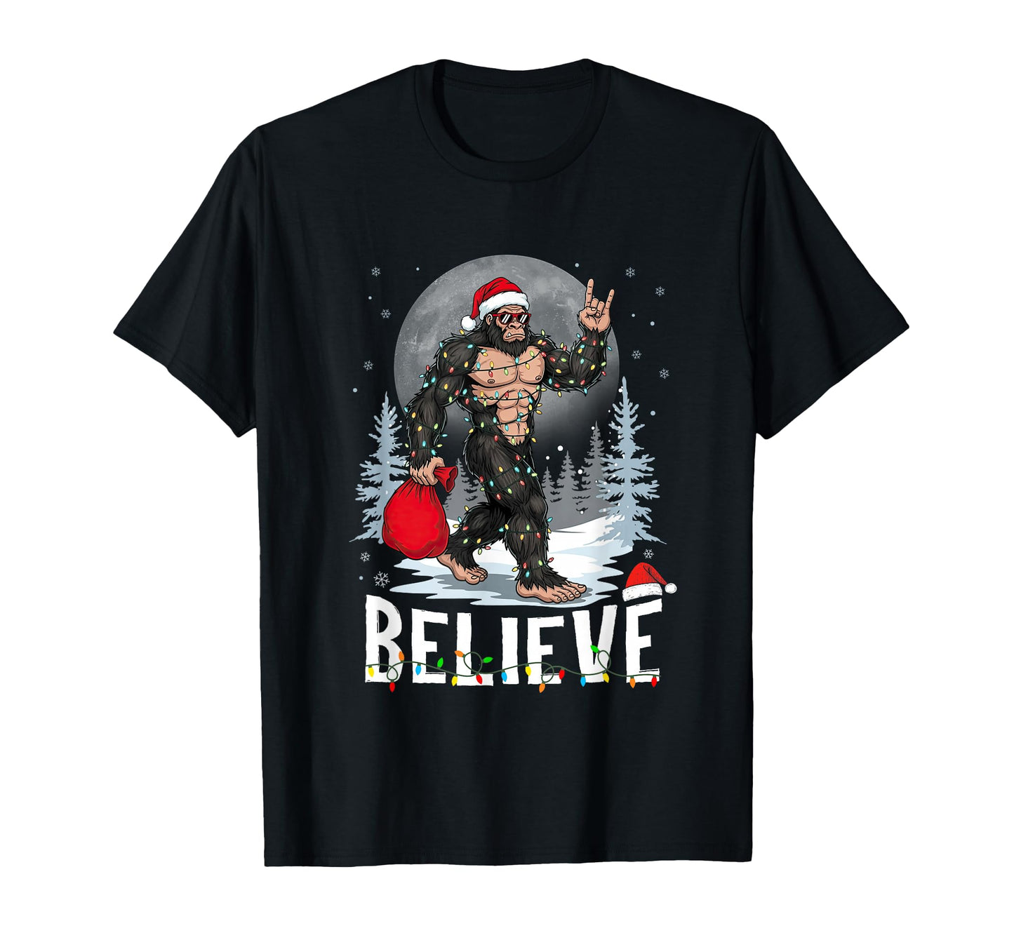 Believe Bigfoot Christmas Light Santa Sasquatch Rock Men Boy T-Shirt