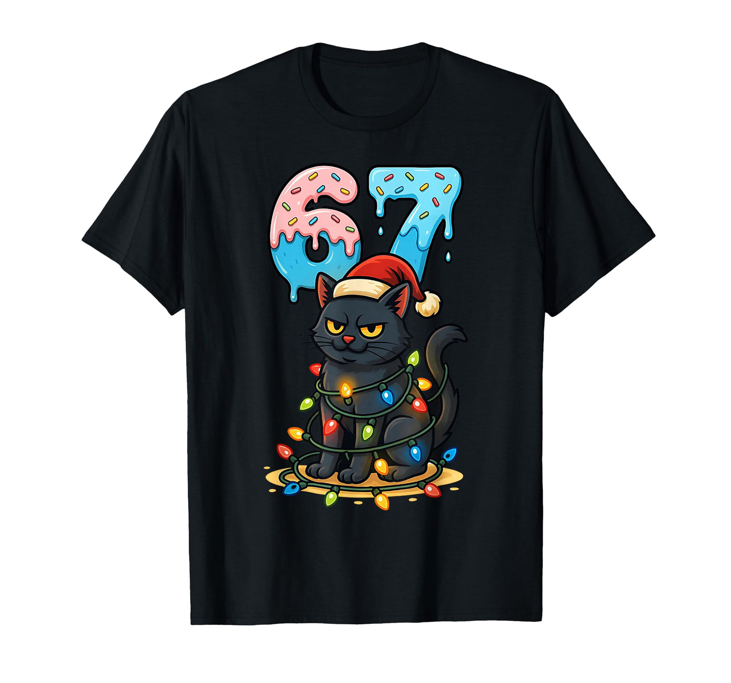 67 Black Cat Santa Hat Christmas Lights Drip for Girls Women T-Shirt