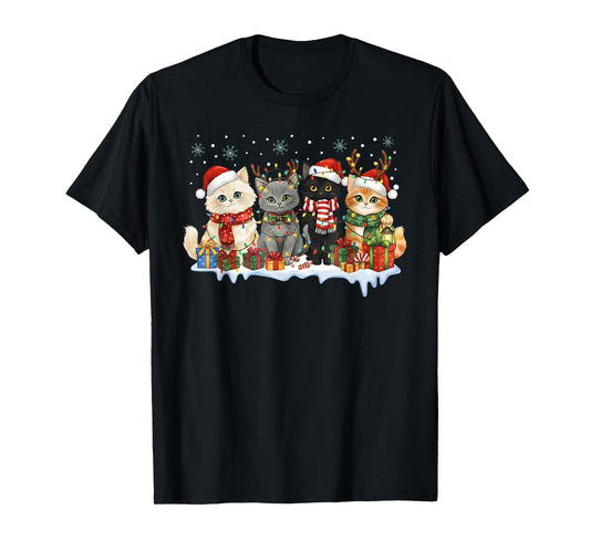 Cat Christmas Light Reindeer Santa Hat Cat Lover Xmas Women T-Shirt
