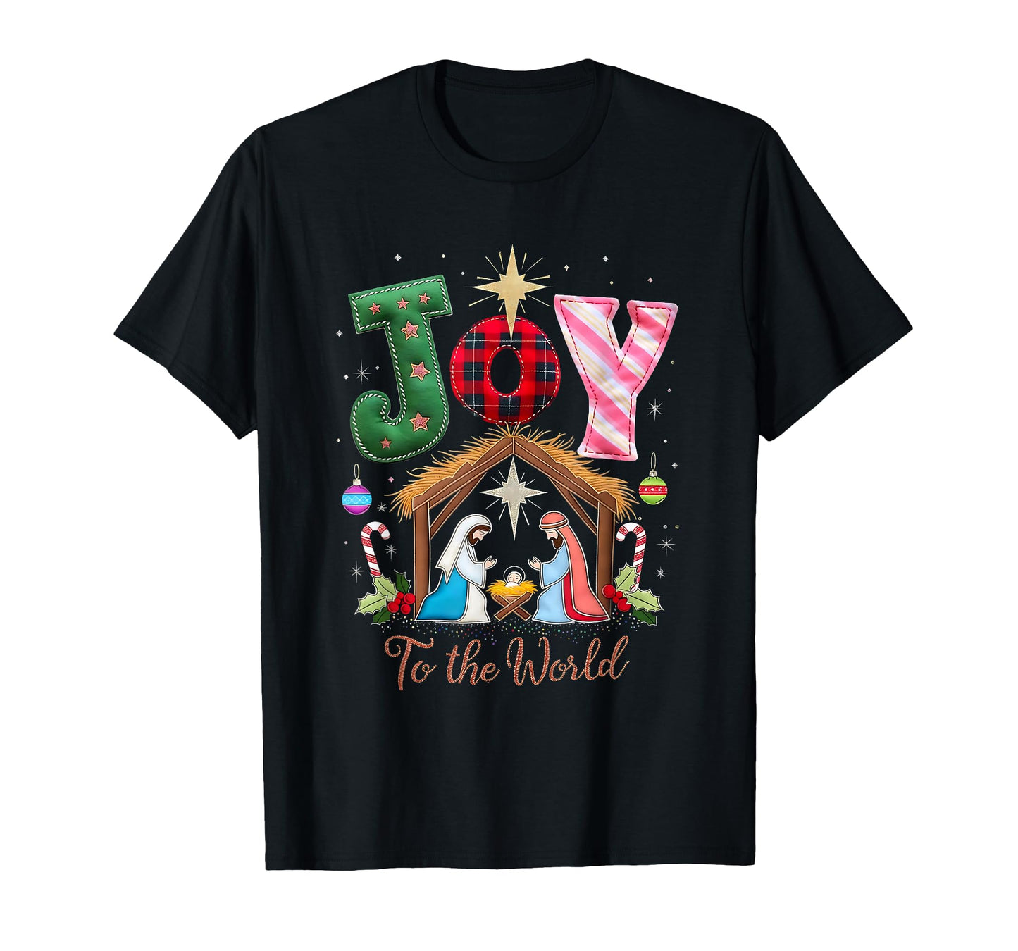 Joy to The World Patchwork Nativity Christmas T-Shirt