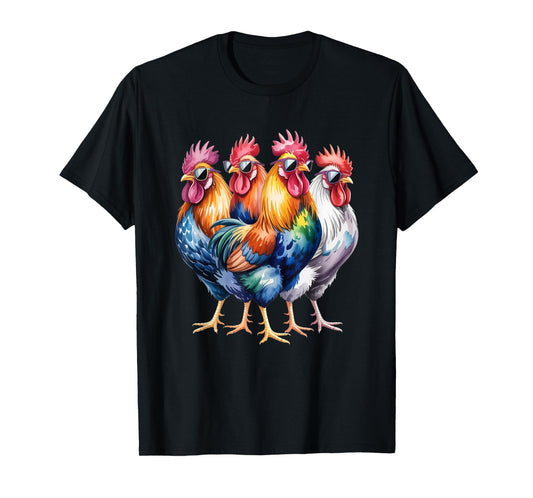 Cool Roosters with Sunglasses Colorful Chicken Farm Humour T-Shirt