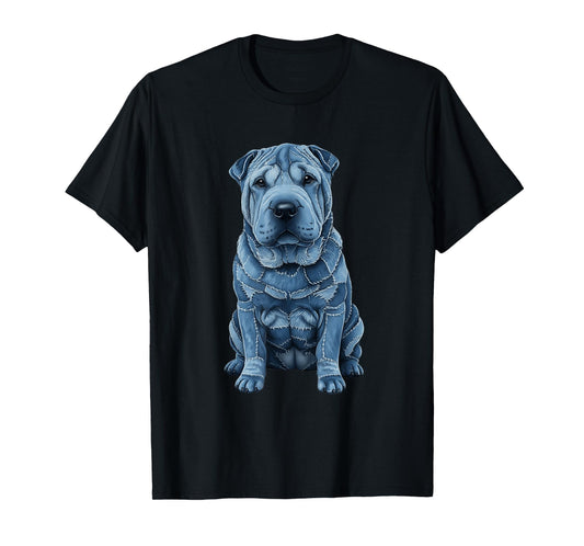 Funny Shar-Pei Dog Blue Denim Patchwork Pattern T-Shirt