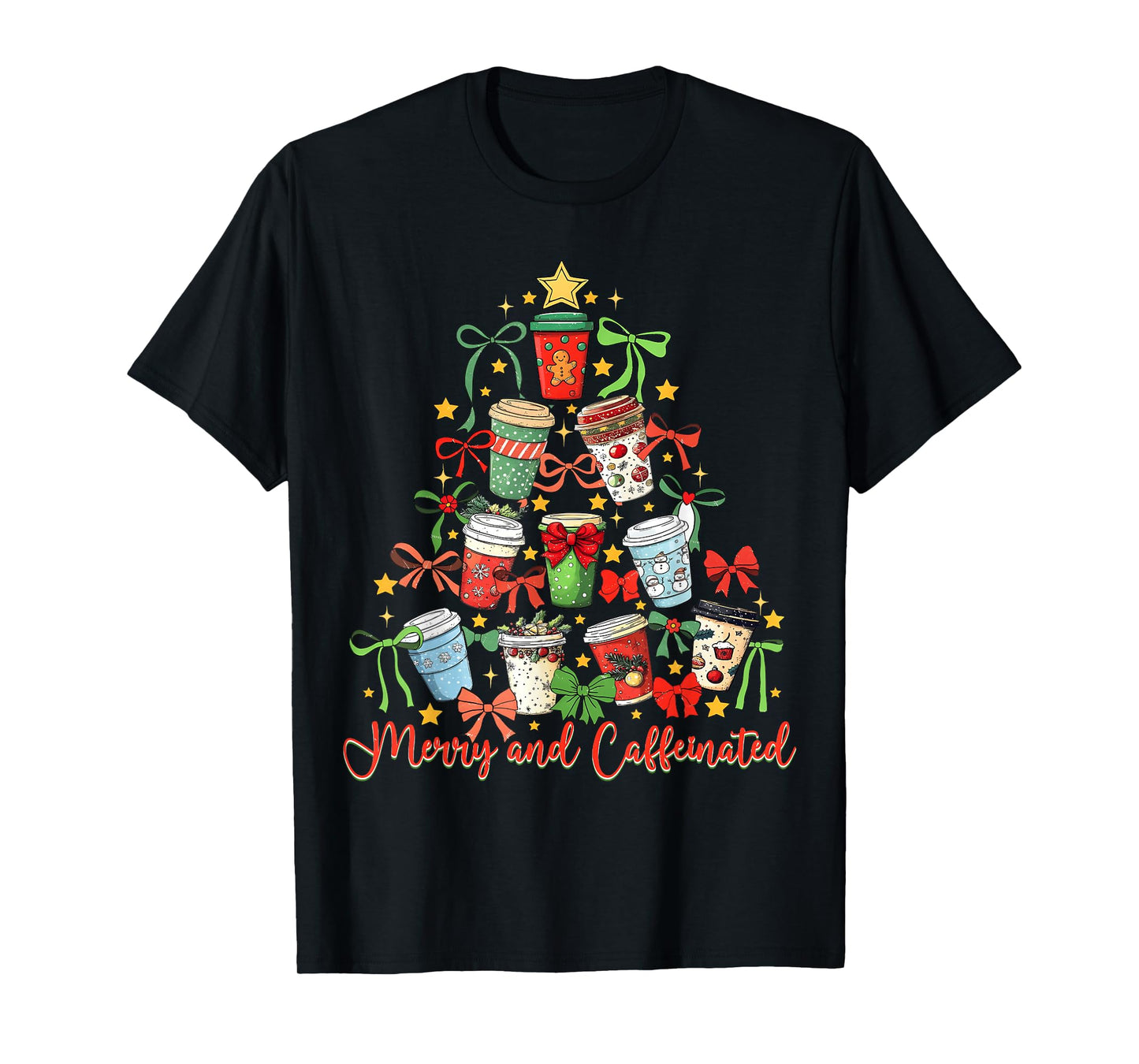 Merry and Caffeinated Coquette Bow Coffee Christmas Tree T-Shirt