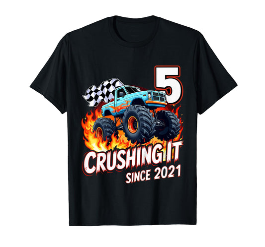 Kids 5th Birthday Monster Truck 5 Year Old Boys Born 2021 T-Shirt