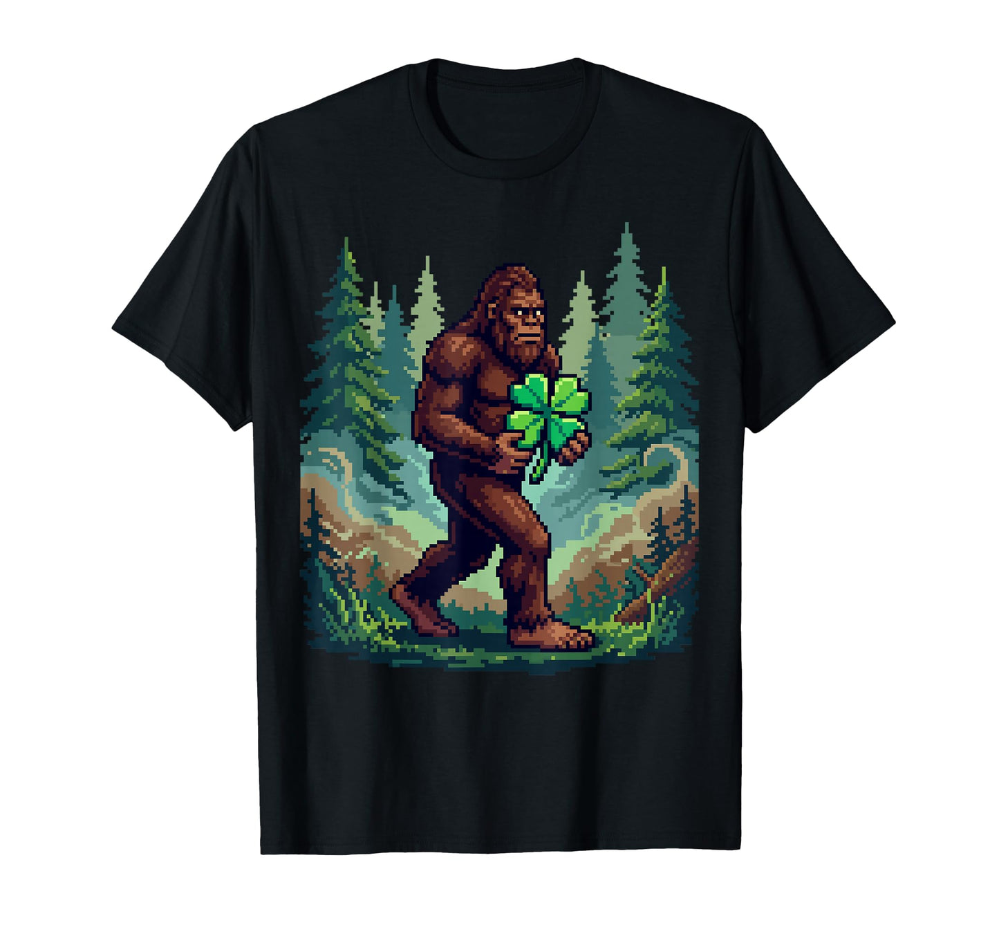 St Patricks Day Bigfoot Sasquatch Shamrock Lucky Pixel Art T-Shirt