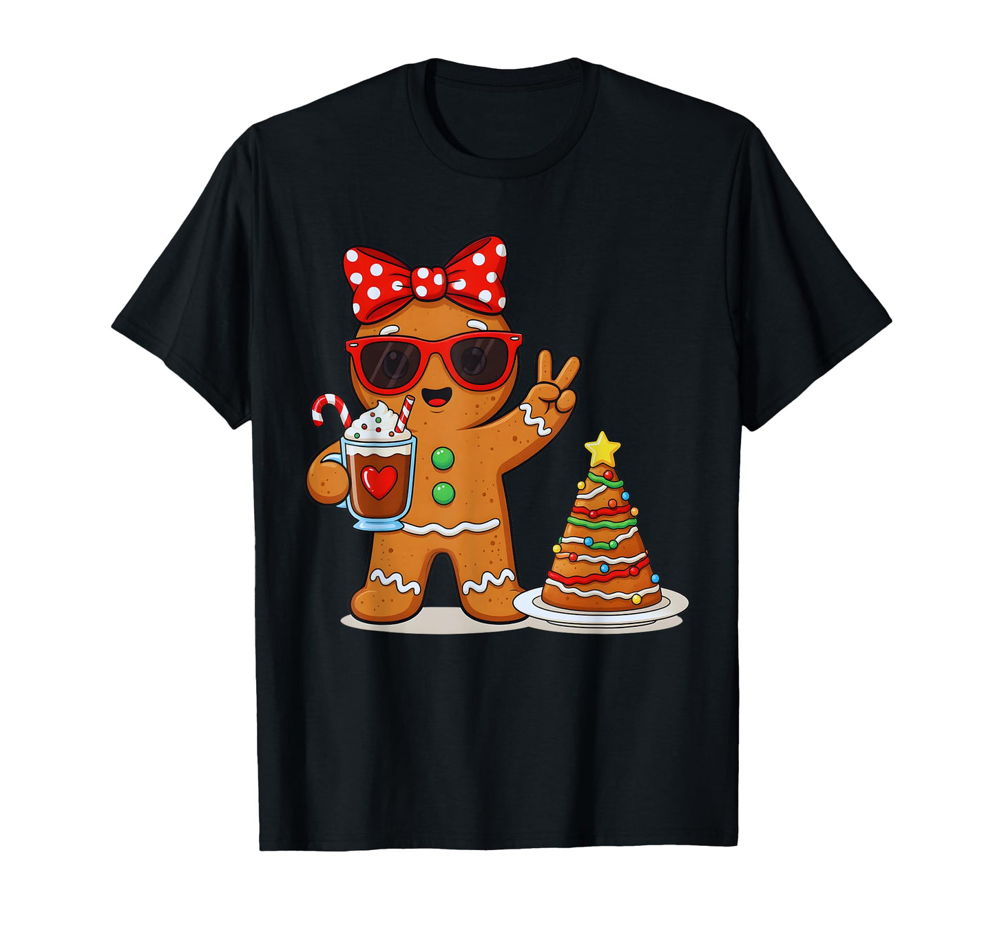 Gingerbread Women Drinking Coffee Christmas Tree Cake Xmas T-Shirt
