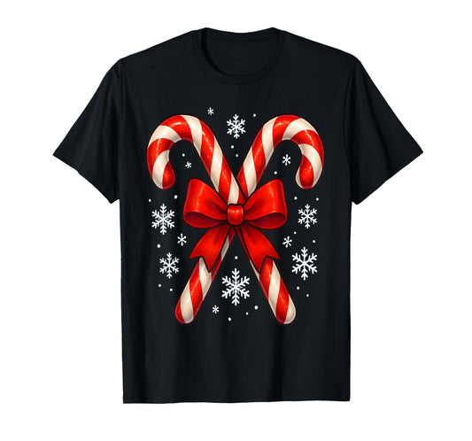 Retro Coquette Bow Candy Cane Christmas Xmas Girls Womens T-Shirt