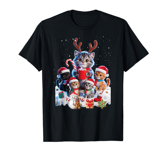 Christmas Cats Family Reindeer Santa Hats Snow Candy Cane T-Shirt