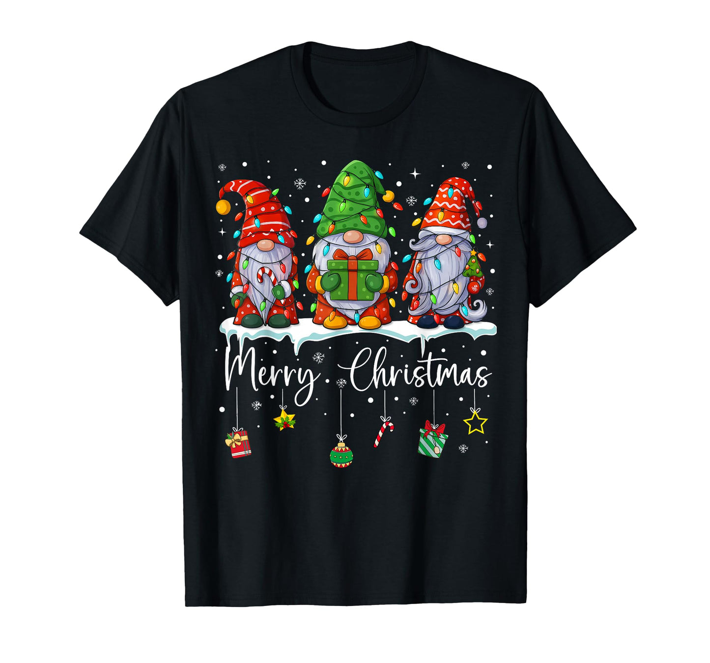 Cute Christmas Gnomes with Lights Merry Christmas T-Shirt