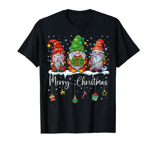 Cute Christmas Gnomes with Lights Merry Christmas T-Shirt