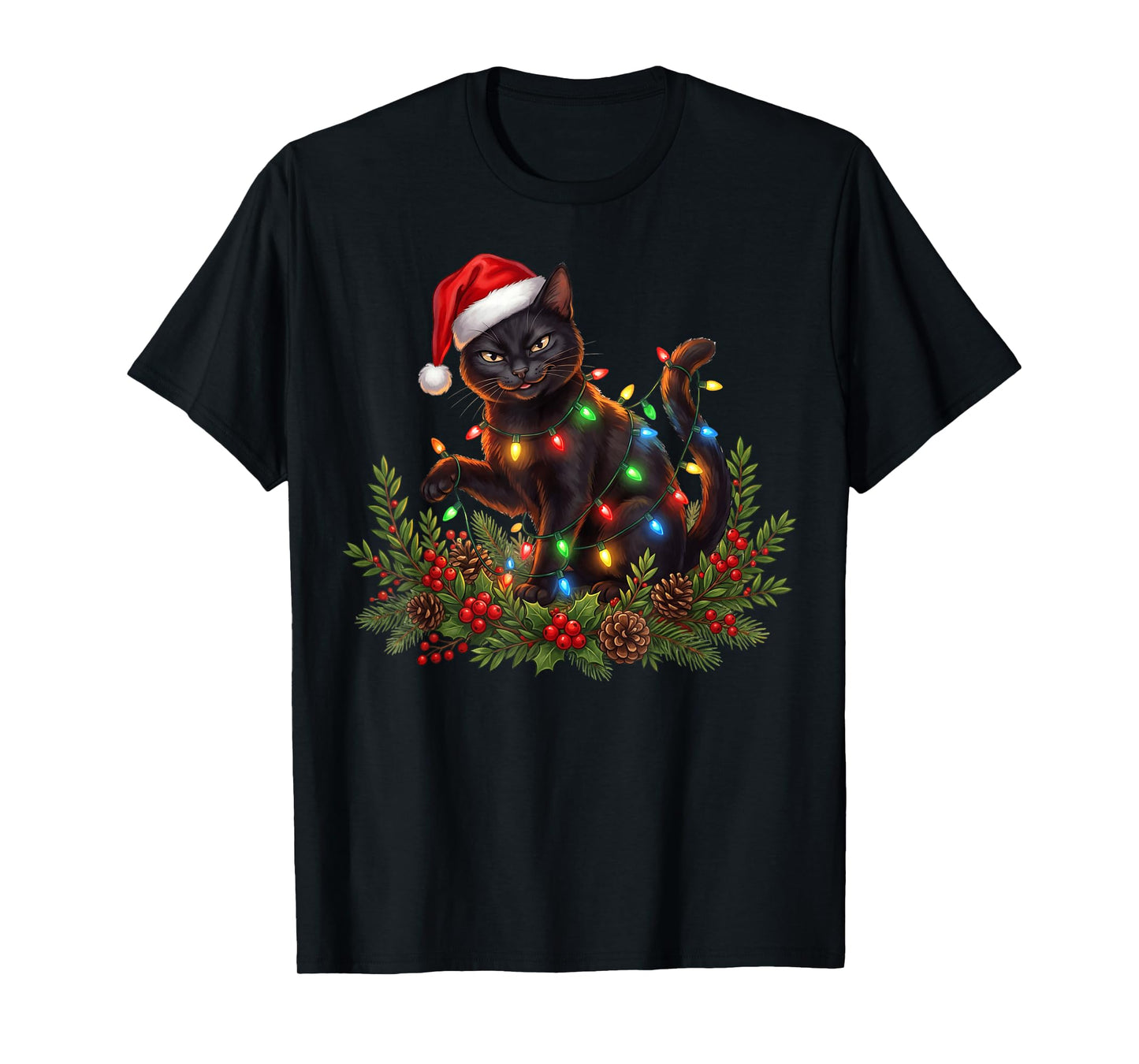 Black Cat Christmas Santa Hat Funny Meowy Cats Women Men T-Shirt