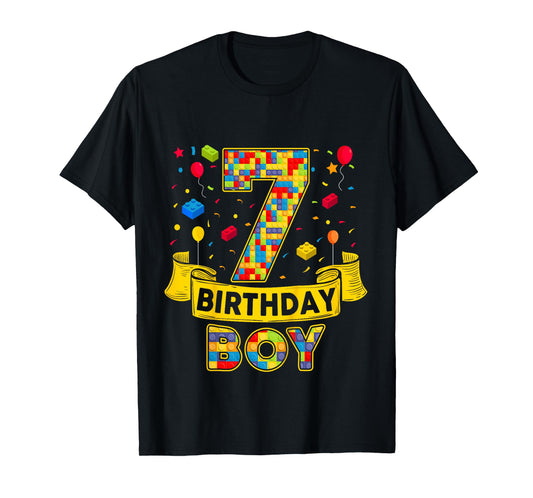 7th Birthday Boy Brick Block Seven Bday 7yr Old Birthday Boy T-Shirt