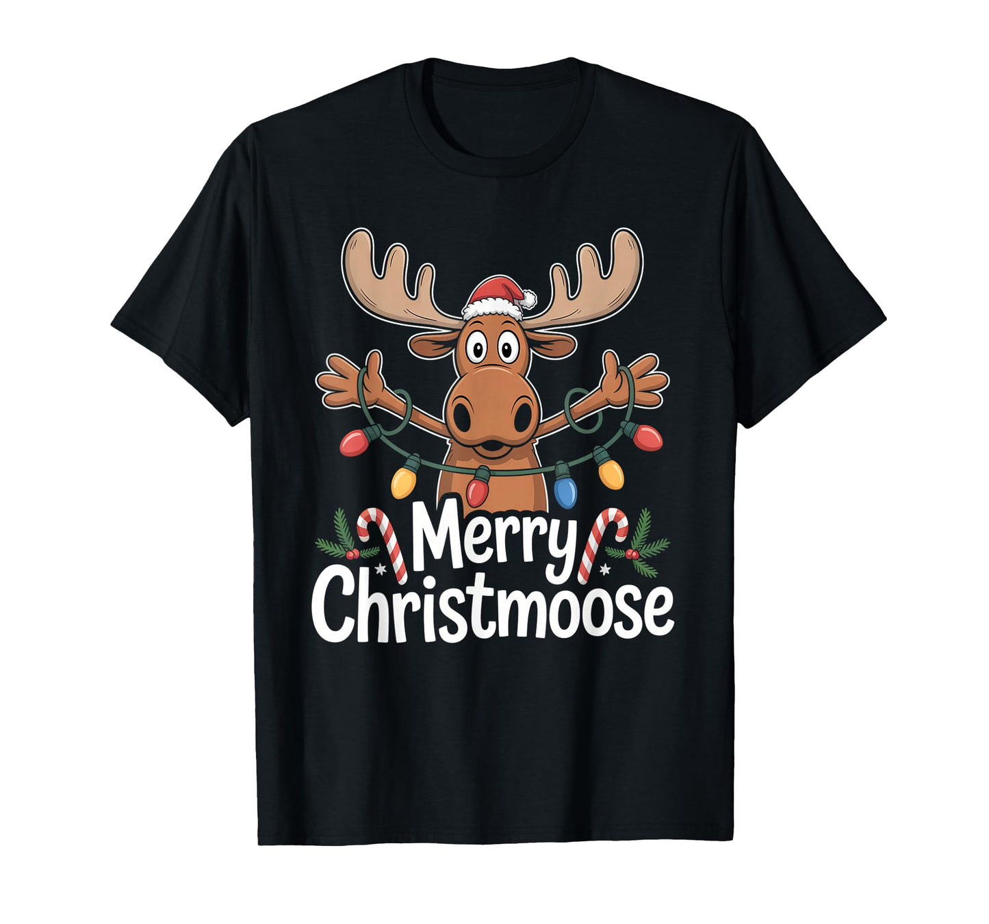 Merry Christmoose Christmas Tree Lights Santa Hat Moose T-Shirt
