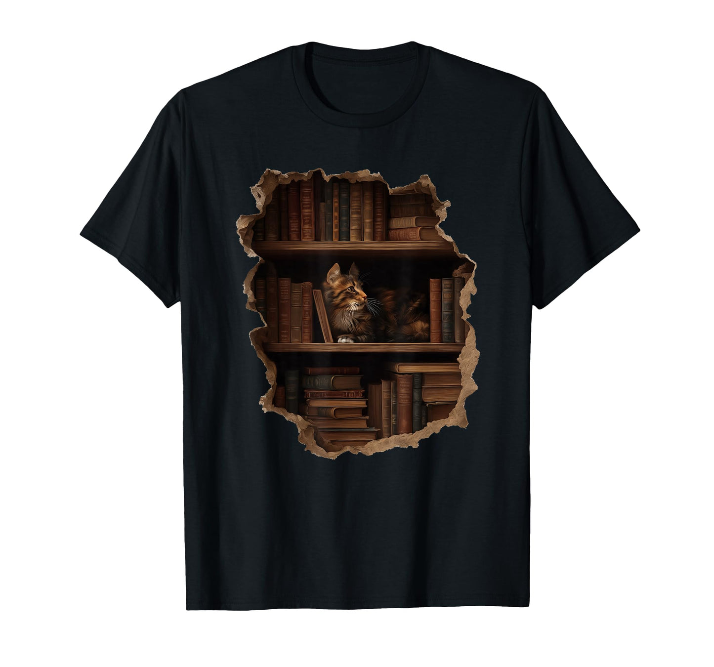 Cat and Boookshelves Hole in Wall Readers Stuff T-Shirt