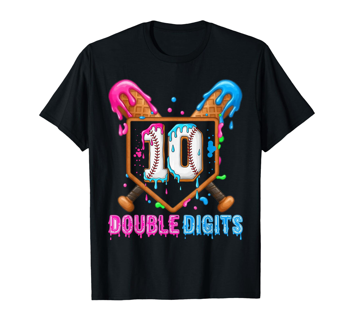 Baseball Drip 10th Birthday Boy Double Digits Ice Cream Drip T-Shirt