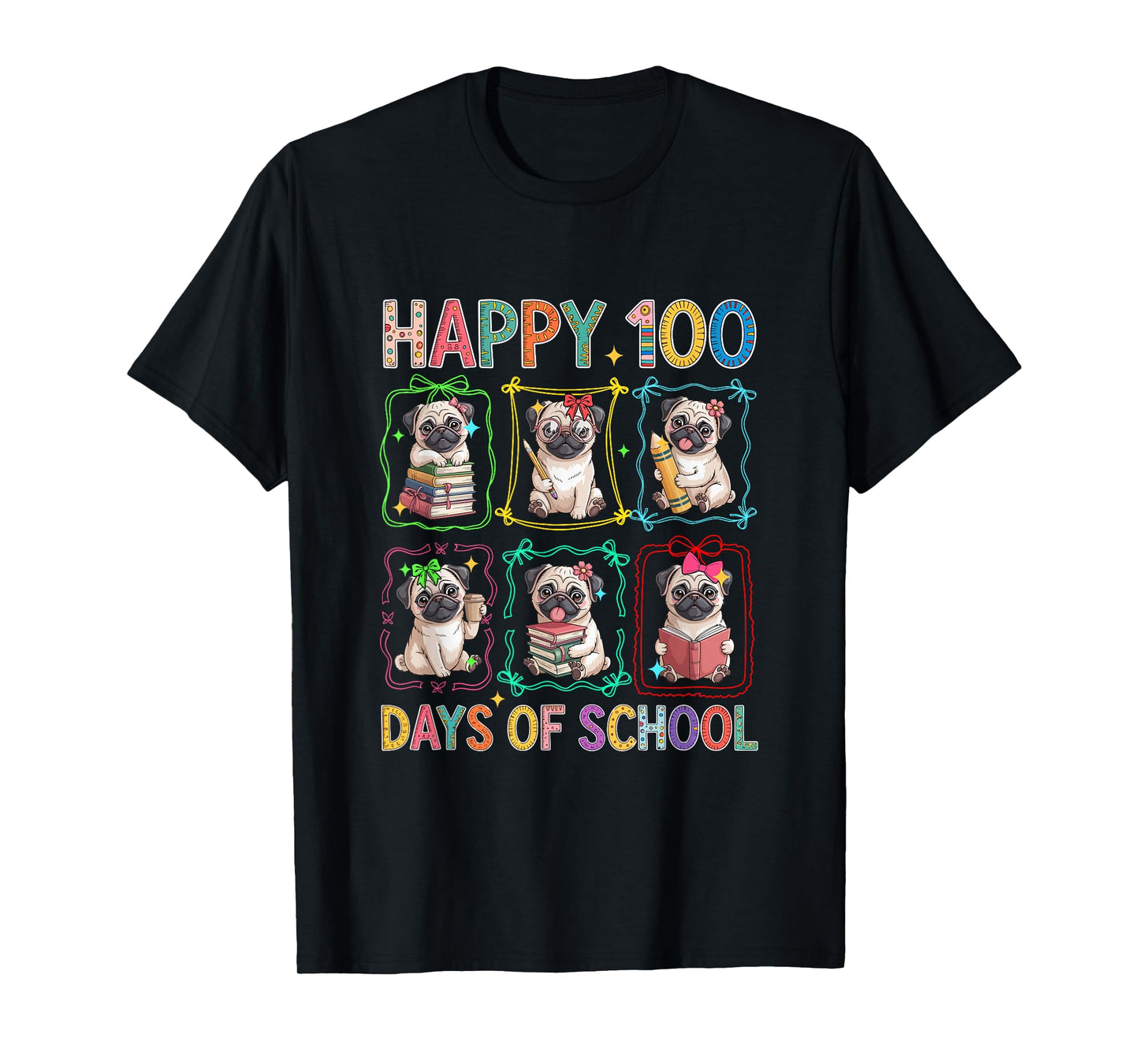 Happy 100 Days of School Colorful Group Pugs Students Kids T-Shirt