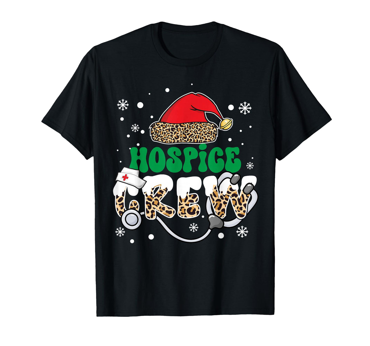 Hospice Crew Nurse Leopard Santa Hat Stethoscope Christmas T-Shirt