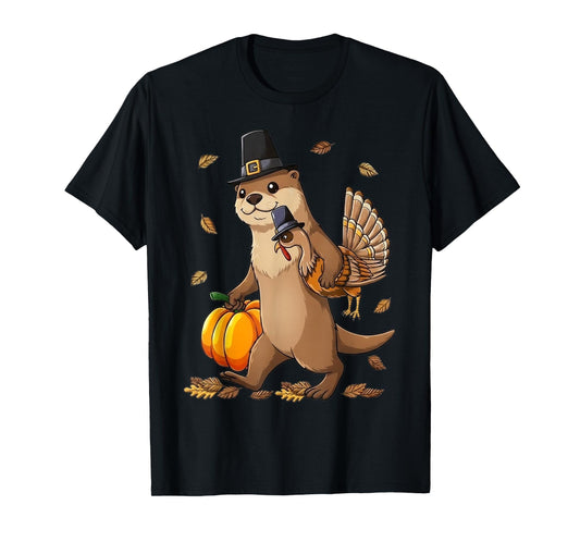 Funny Otter Turkey Pumpkin Thanksgiving Gift Men Women Kid T-Shirt