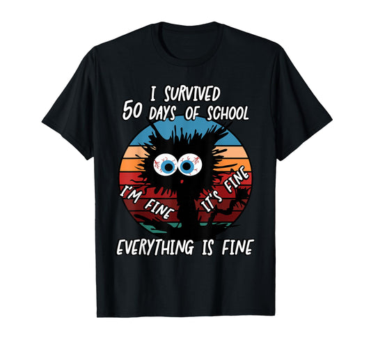 50th Day School Cat I Survived 50 Days of School T-Shirt