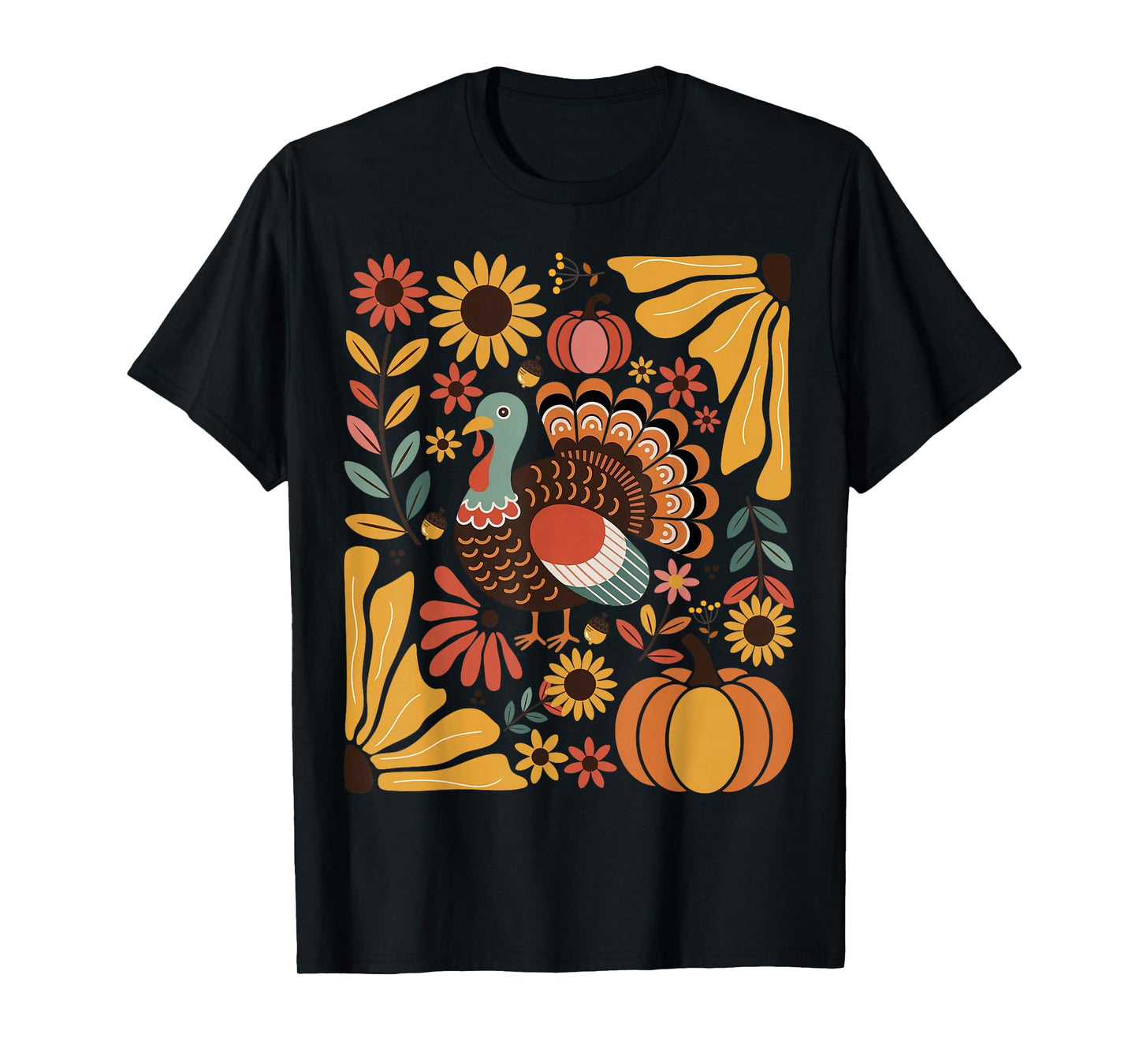 Retro Turkey Pumpkin Boho Flowers Fall Autumn Thanksgiving T-Shirt