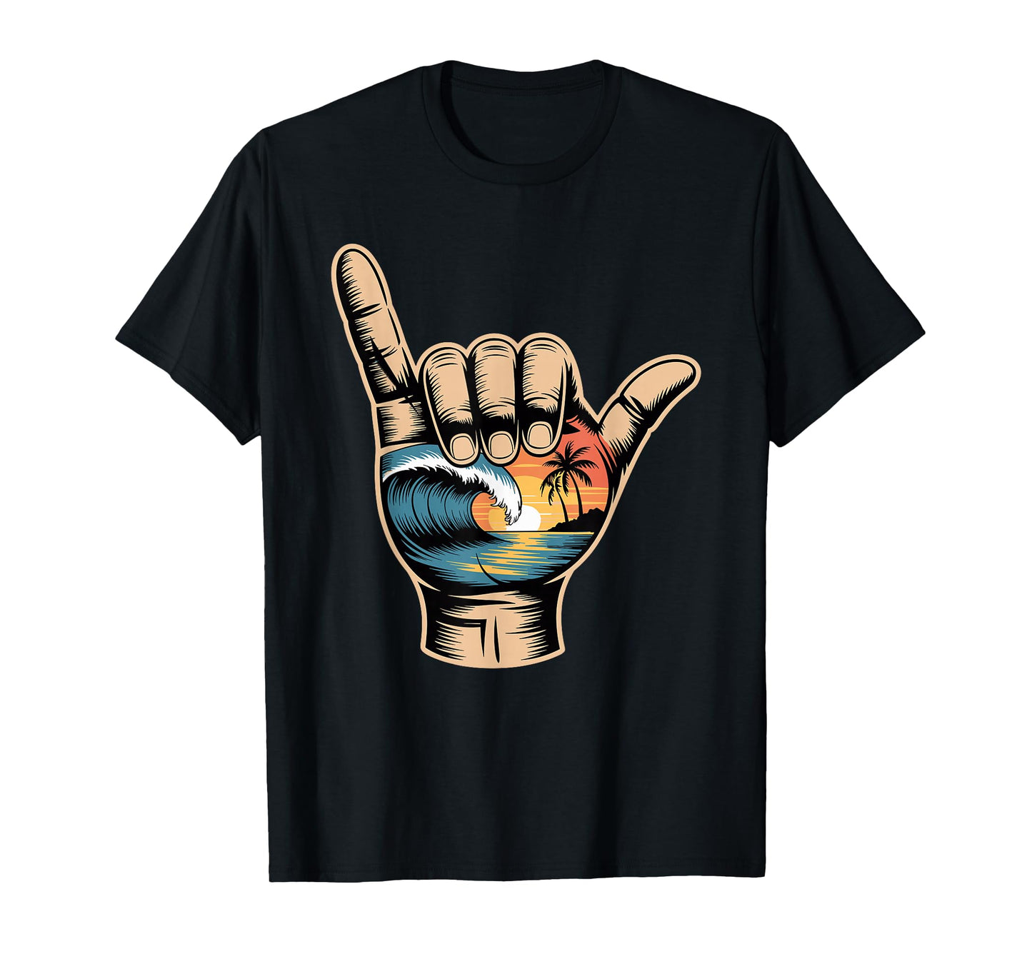 Hand Sunset Wave Vintage Palm Trees Ocean Retro Beach Summer T-Shirt