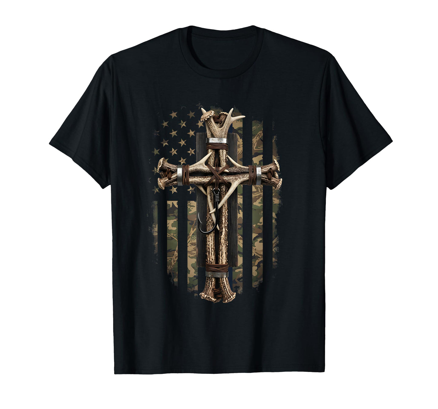 Camouflage Cross Deer Horn Fish Hook Hunting Christian Bible T-Shirt