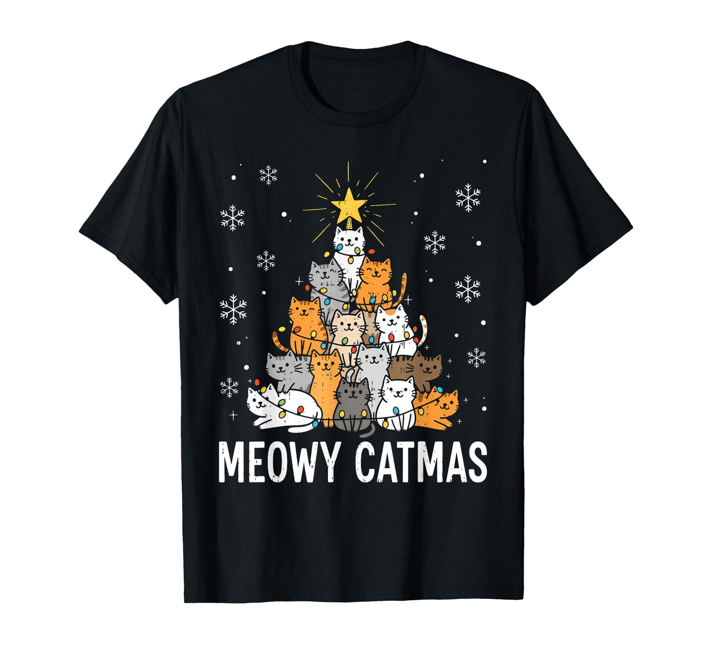 Meowy Catmas Cute Christmas Cats Tree Light Xmas Girls Boys T-Shirt