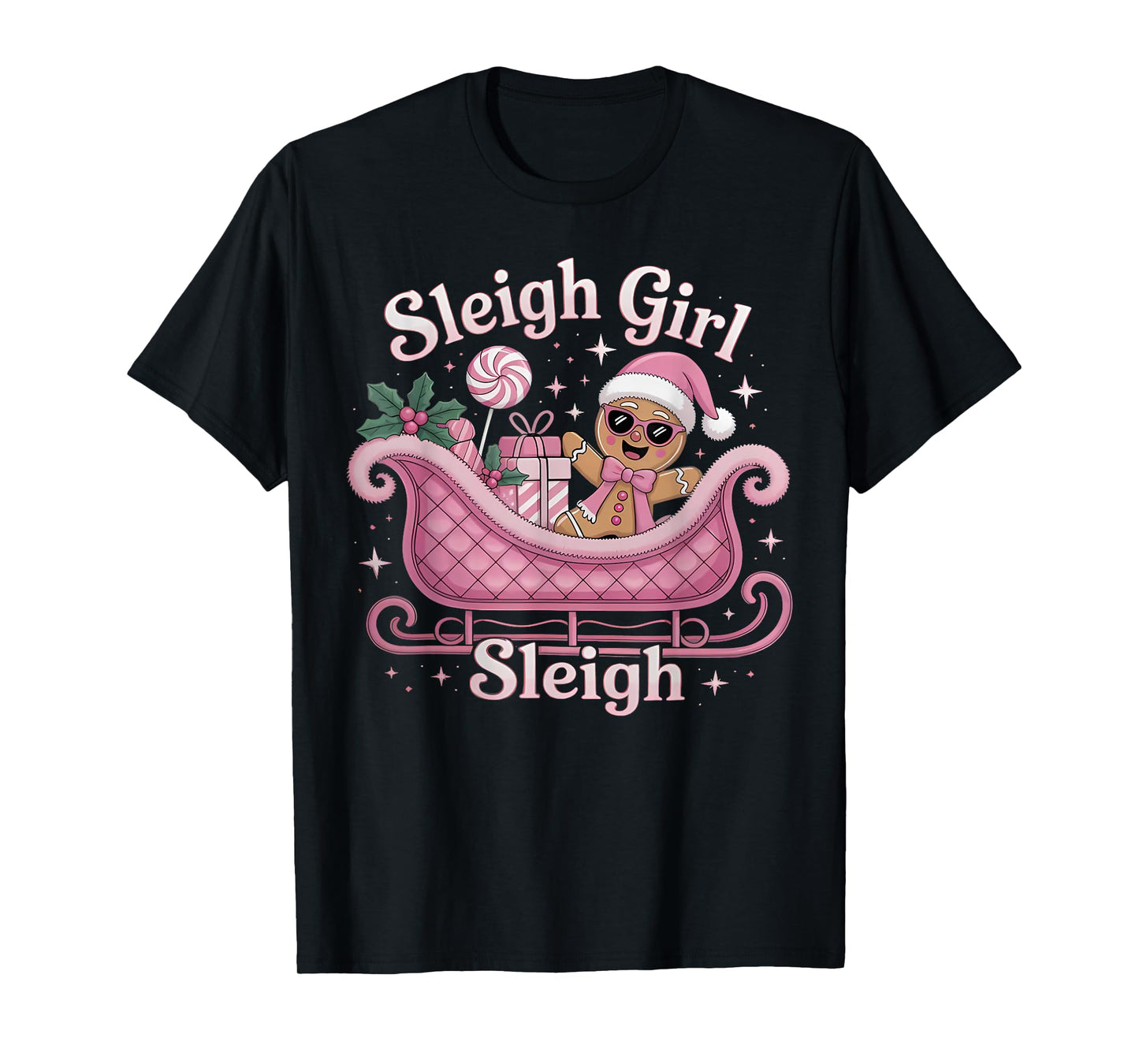 Groovy Pink Christmas Candy Sleigh Girl Gingerbread Holiday T-Shirt