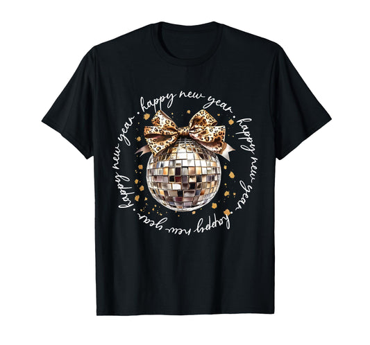 Happy New Year 2026 Disco Ball Leopard Pattern Bow Groovy T-Shirt