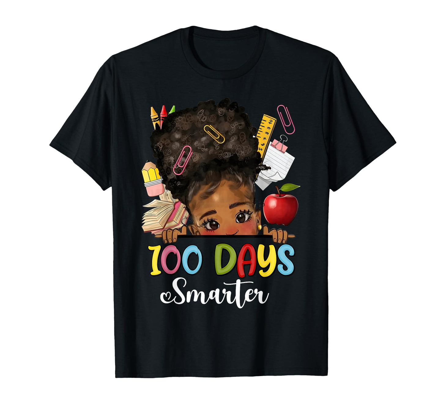 100 Days Smarter Messy Bun Hair 100 Days of School Afro Girl T-Shirt