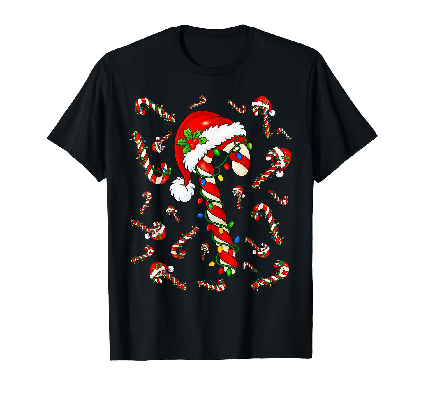 Red and White Candy Cane Santa Christmas Xmas Lights T-Shirt