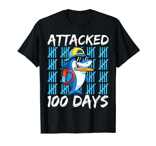 100th Day of School Attacked Shark Funny 100 Days Kids Boys T-Shirt