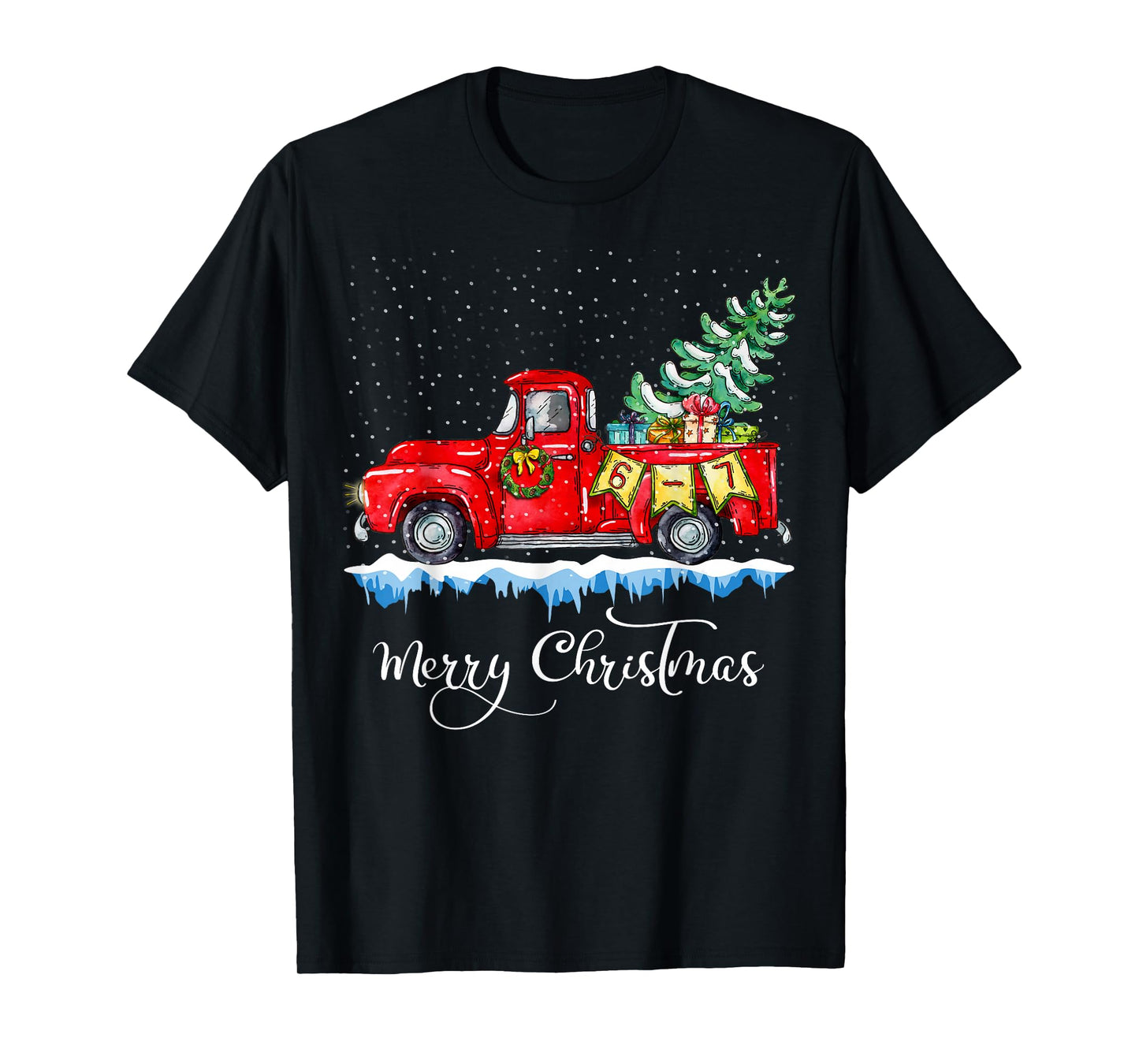 Fun 67 Meme with a Vintage Red Truck Merry Christmas 6 7 T-Shirt