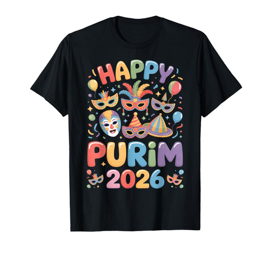 Happy Purim 2026 Festive Masquerade Mask Balloon Party T-Shirt