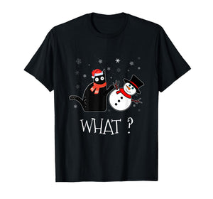 Funny Black cat Pushing Snowman Christmas Winter Costume T-Shirt